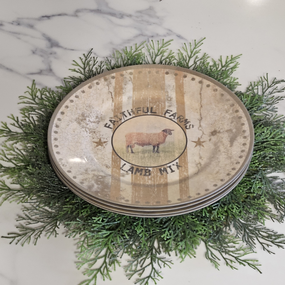 NWT - 4 Lamb Melamine Dinner Plate - Beige Rustic Farmhouse Design